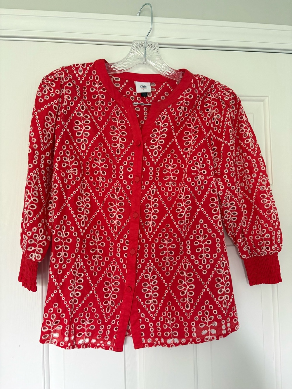 CAbi Red Eyelet Diamond-Pattern Button Front Blouse style 6203